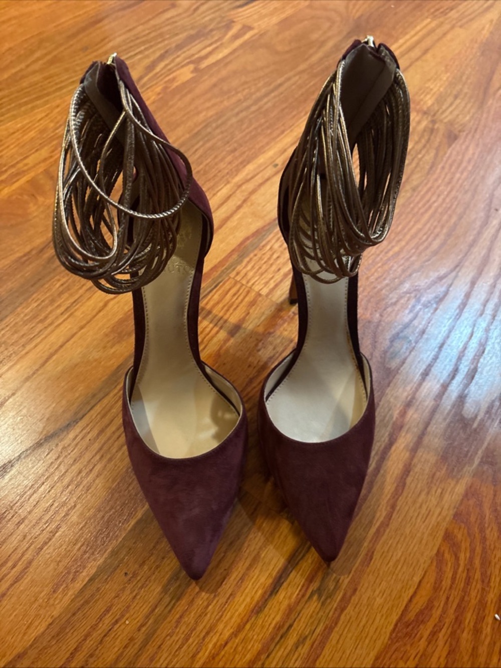 Vince Camuto Burgundy Pointed-Toe Fringe Ankle-Strap Heels